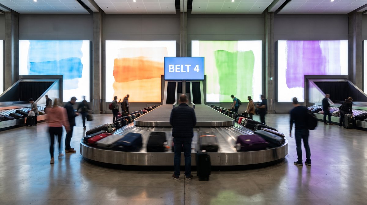 A row of backlit advertising panels and a belt screen in an airport baggage hall