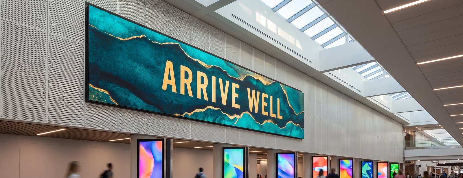 A large lit advertising display and a row of digital totems in an airport concourse