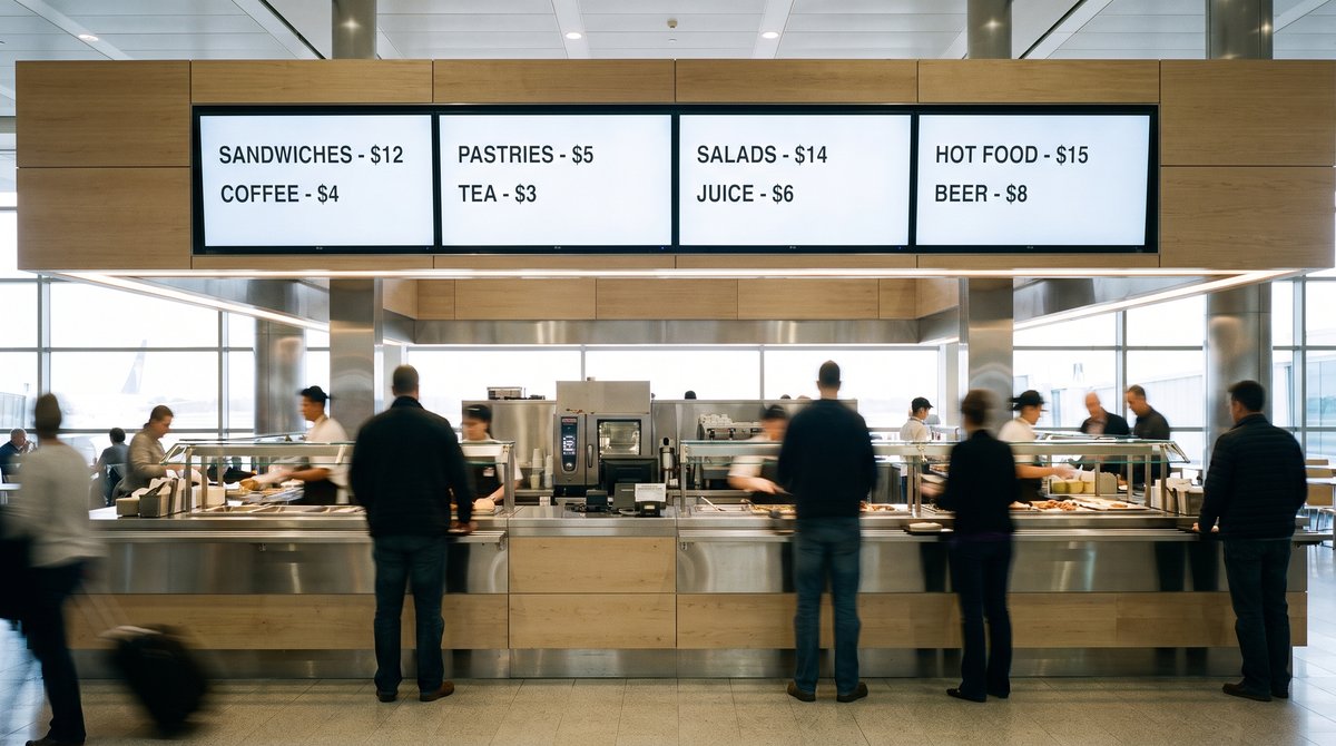 A run of four lit menu screens above an airport food hall counter