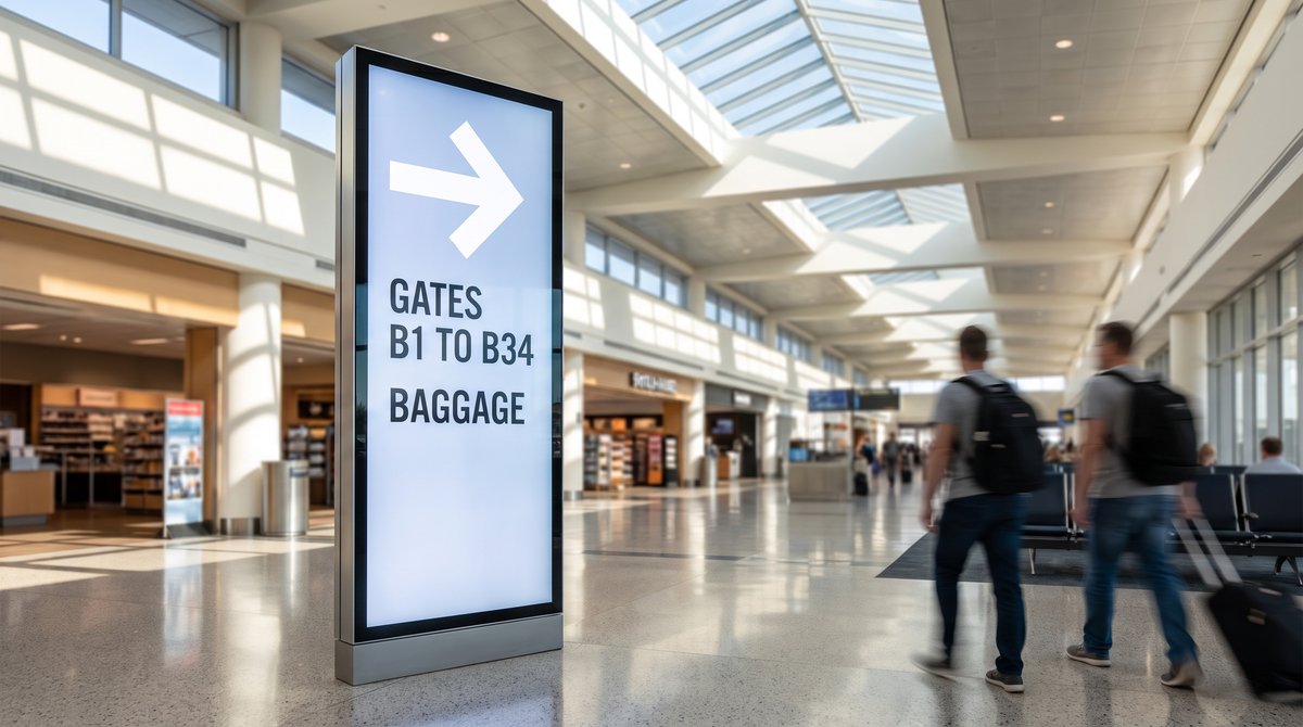 A lit portrait wayfinding totem in an airport concourse