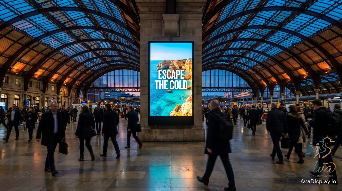 A large portrait advertising screen in a railway station concourse with commuters passing