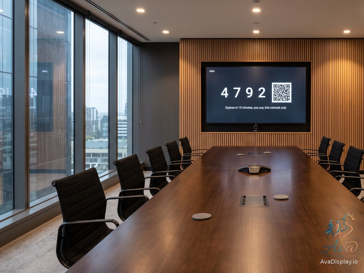 A meeting room screen showing a four digit join code and a QR code