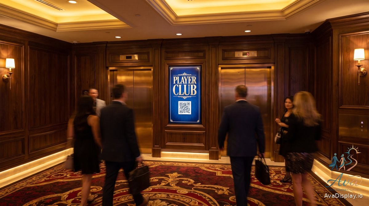 A lit portrait player club screen with a QR code in a casino elevator bank