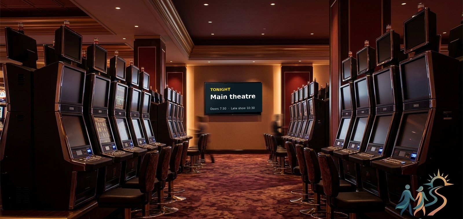 A screen on a casino floor showing tonight's entertainment above the machines