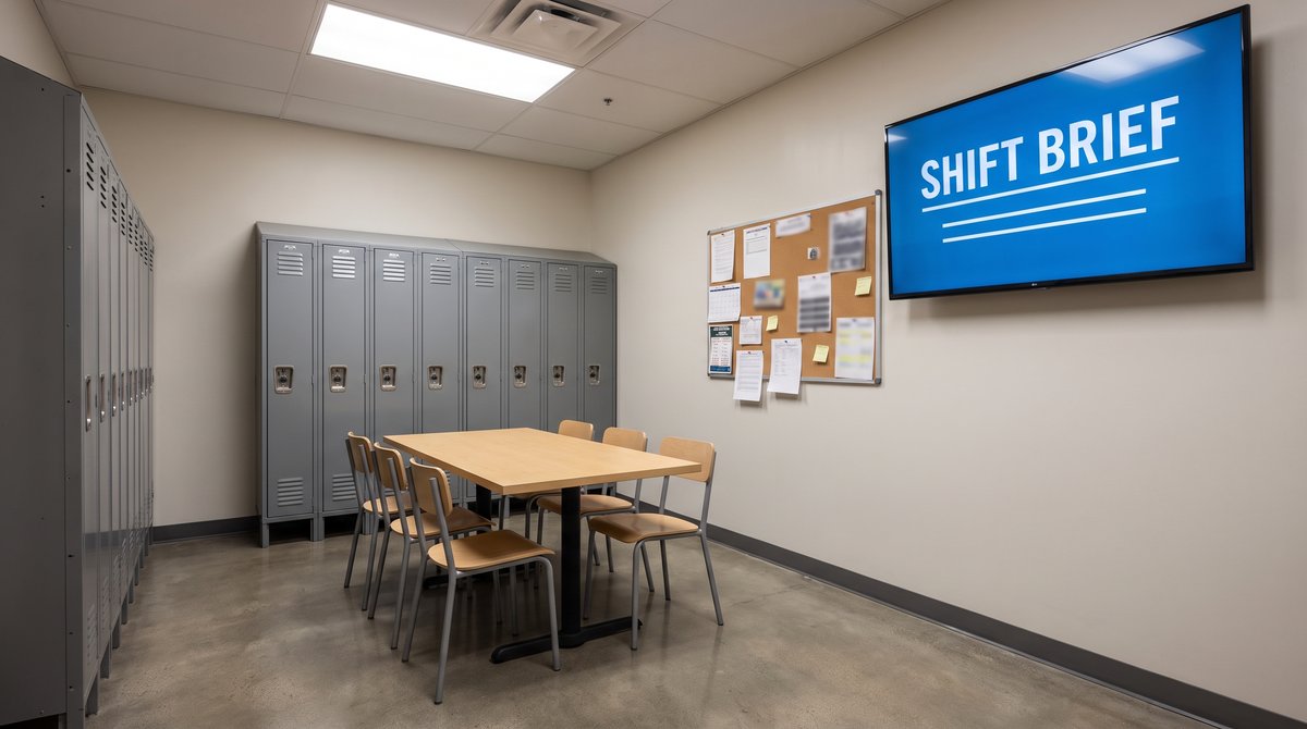 A lit screen in a chain restaurant crew room showing a shift brief