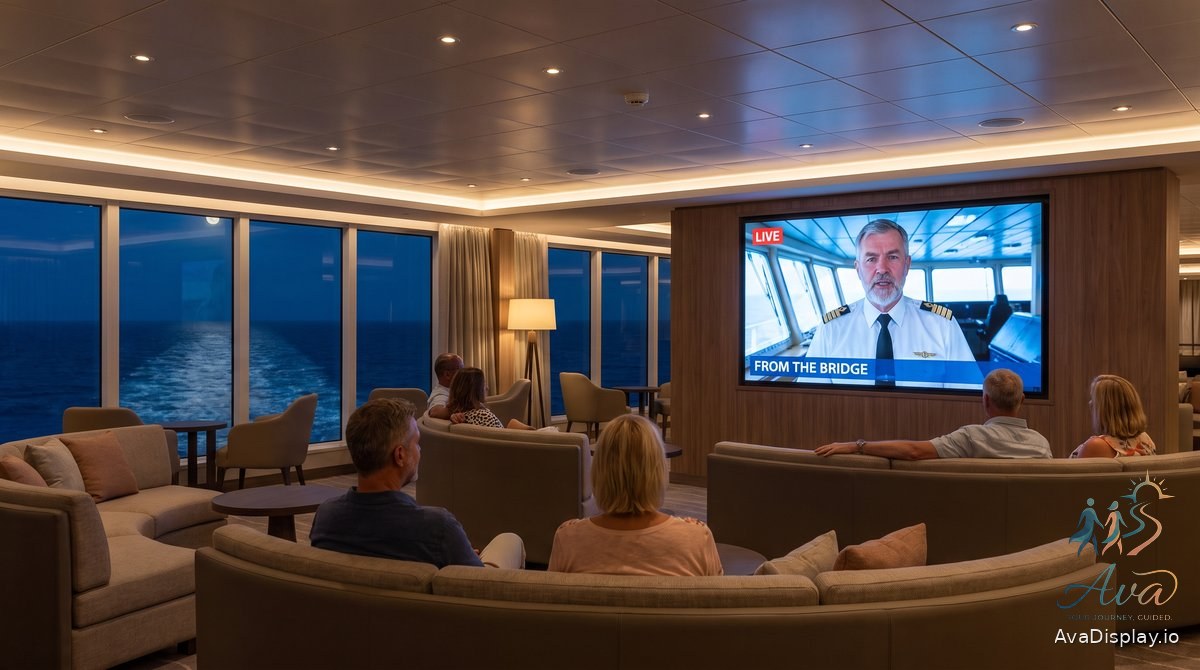 A lounge screen on a cruise ship showing a live video feed of the captain speaking from the bridge