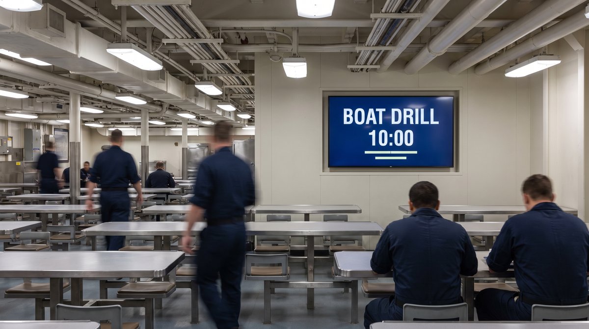 A screen in a cruise ship crew mess showing a boat drill time