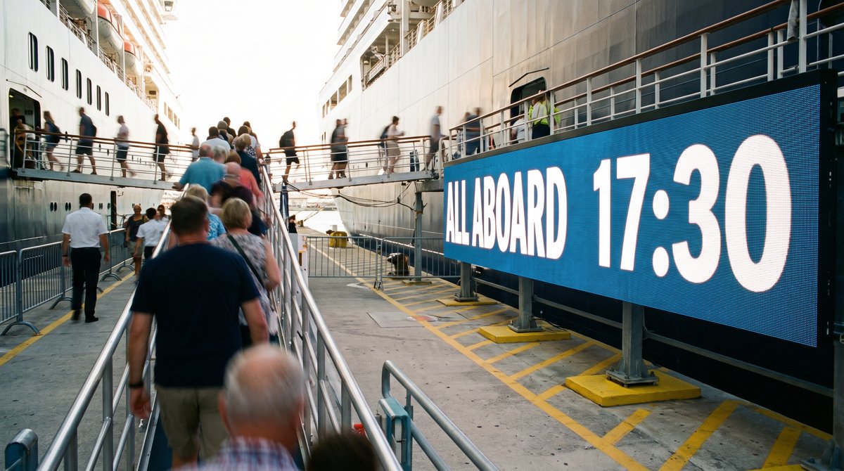 A large lit screen beside a cruise ship gangway showing an all aboard time
