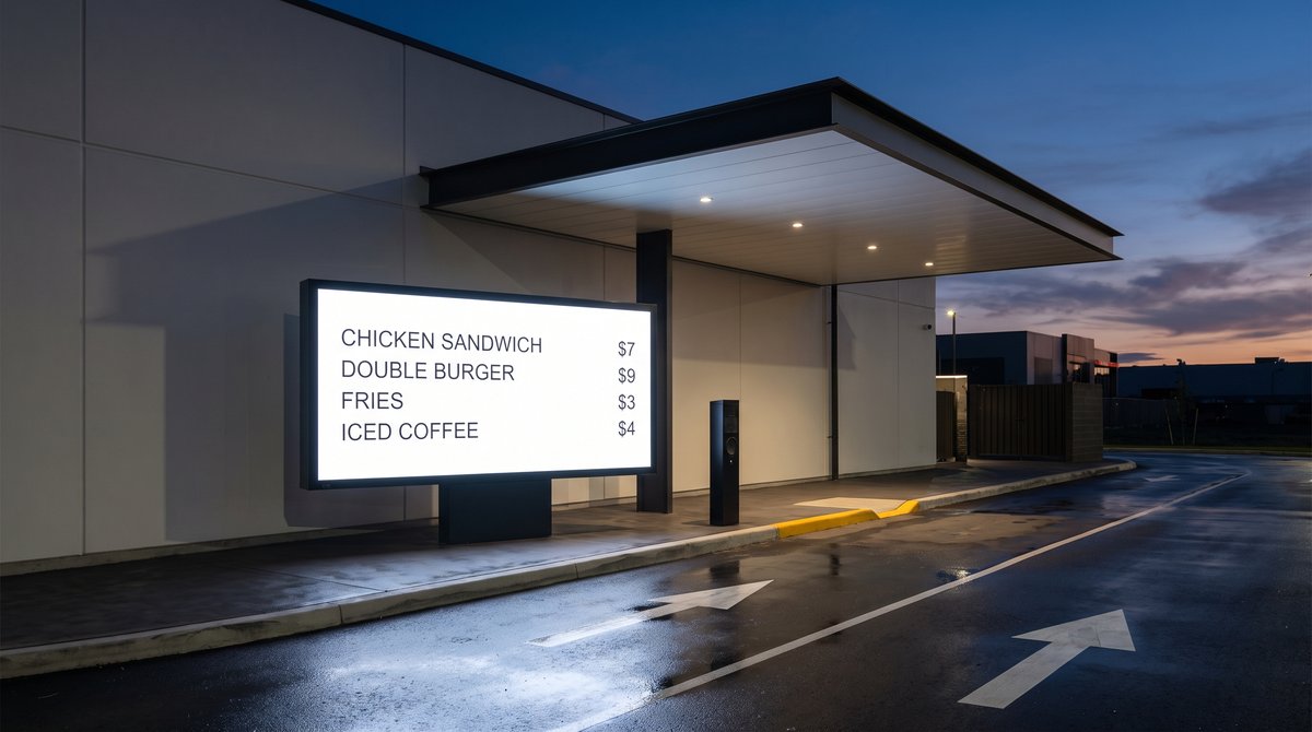 A lit outdoor menu screen at a drive-thru order point at dusk