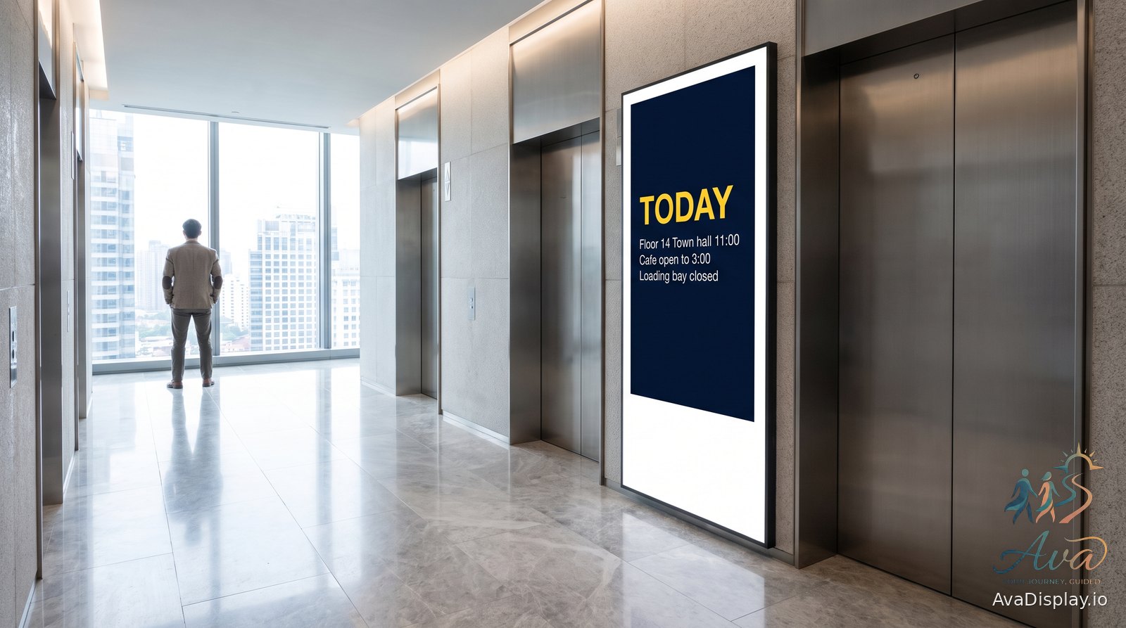 A screen in an office tower elevator lobby showing the day's building notices
