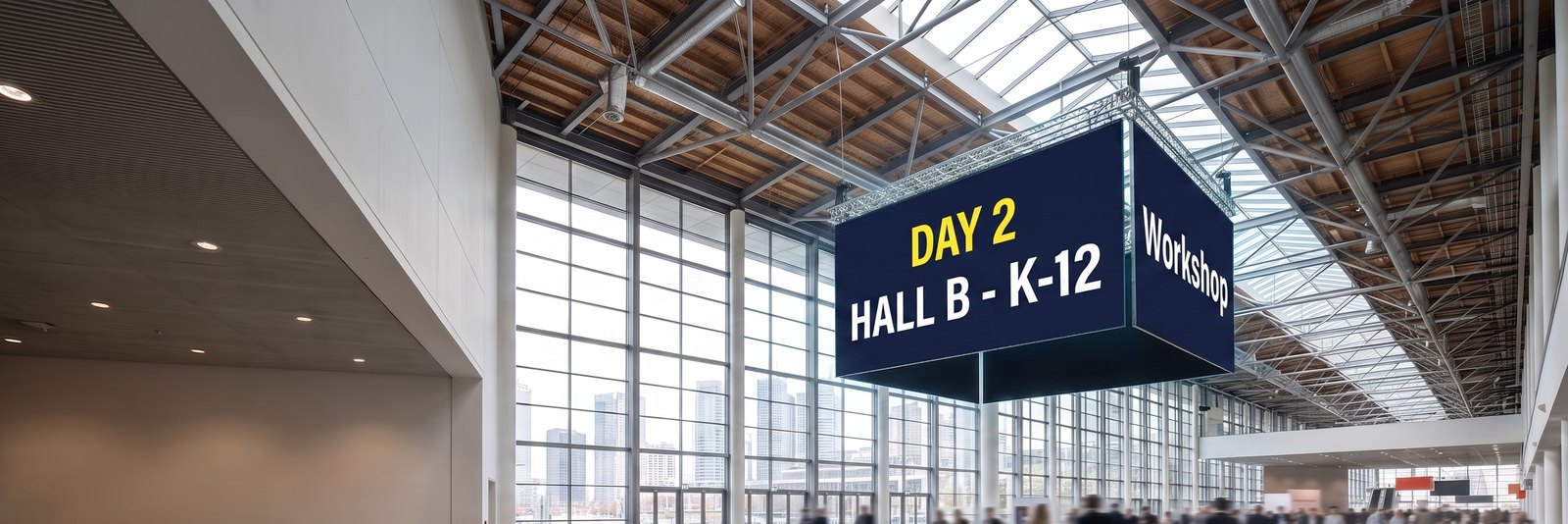 A lit four-sided screen hanging above a convention centre concourse showing the hall and the day of the show