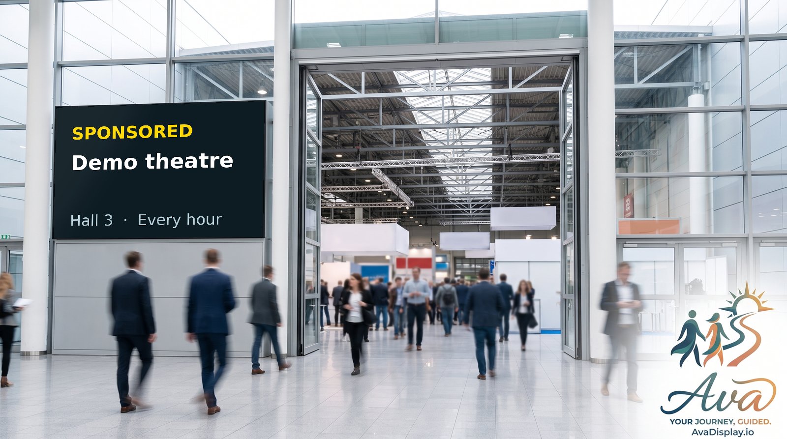 A large screen at a trade show hall entrance showing a sponsored placement