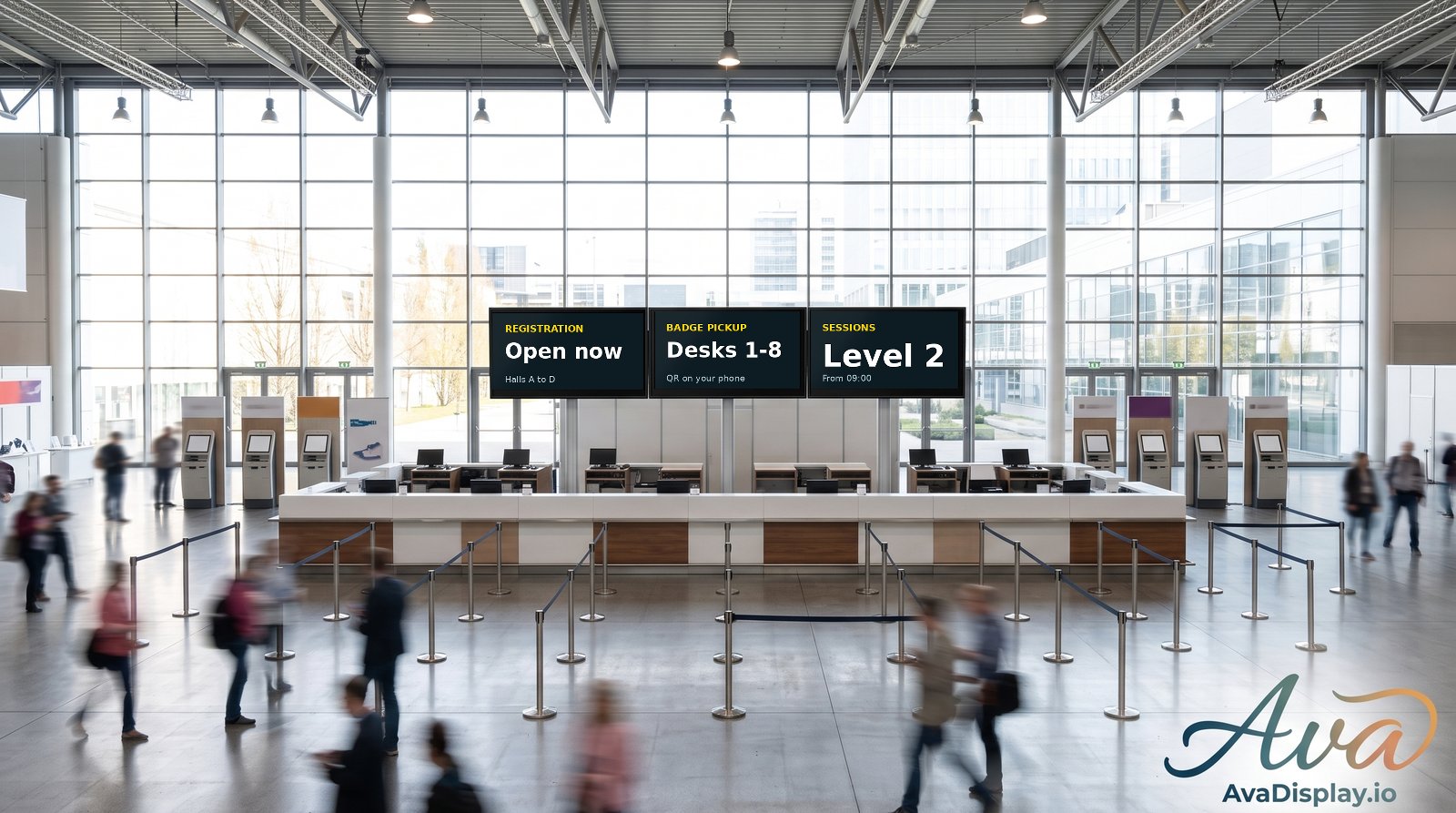 A wide screen above a convention registration desk showing that registration is open