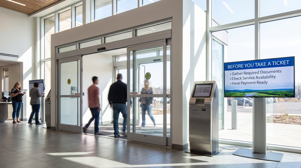A screen beside a ticket kiosk listing what to bring