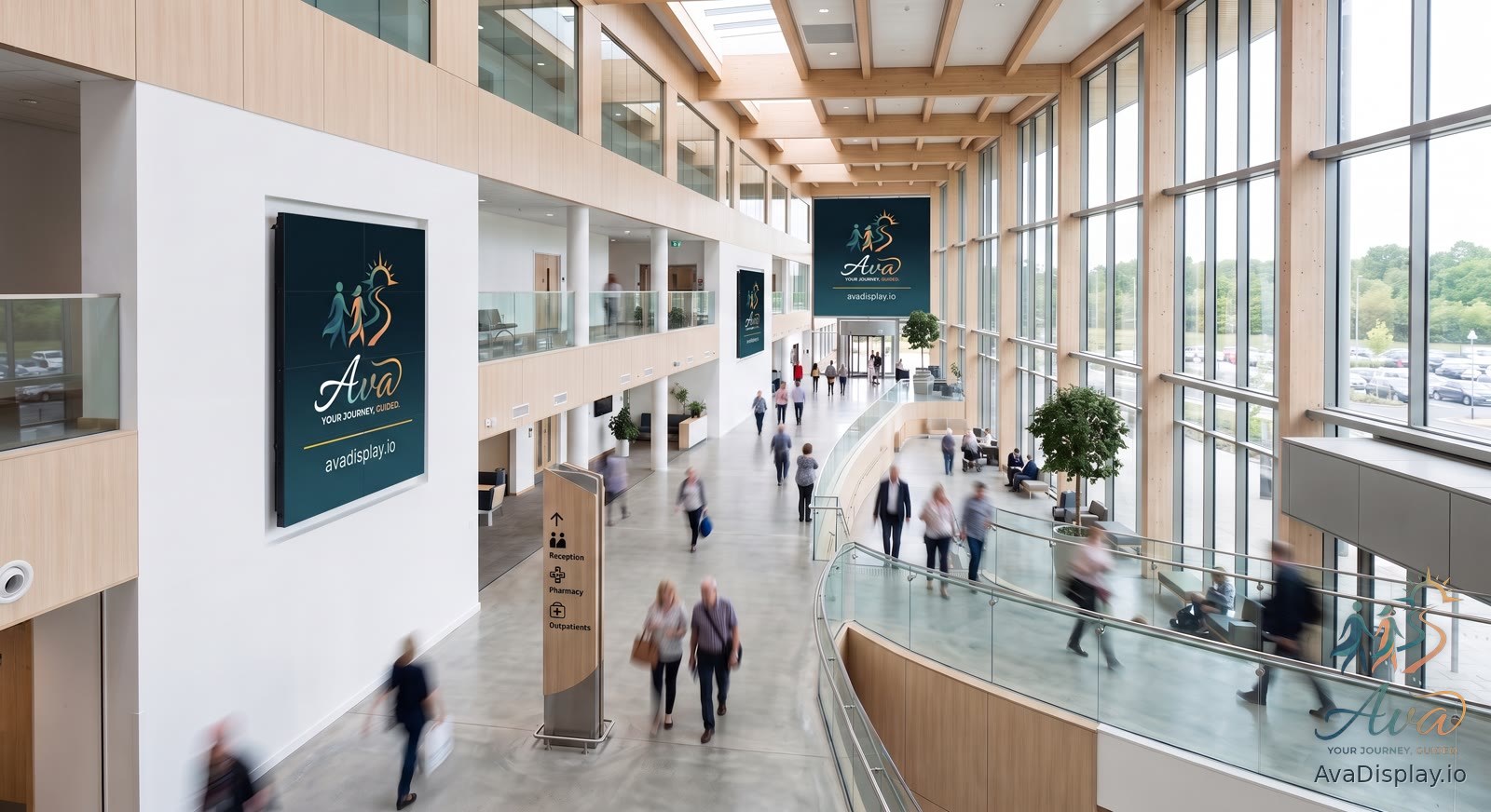 Screens in the public concourse of a modern hospital