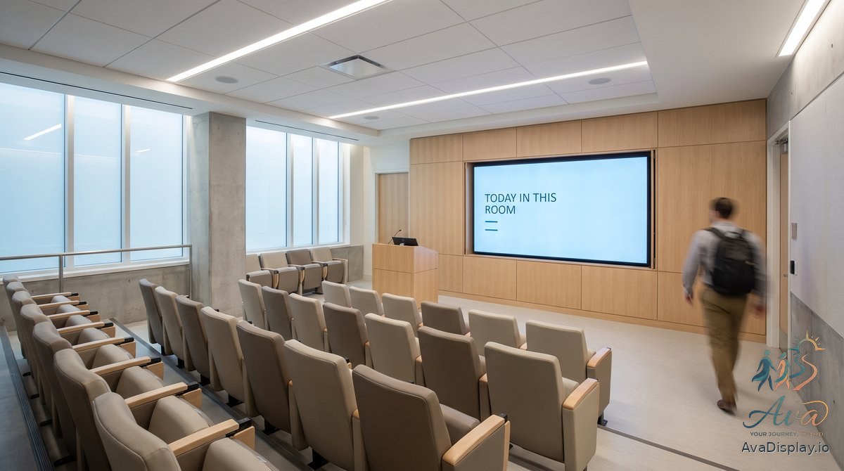 A lit screen at the front of a hospital education room