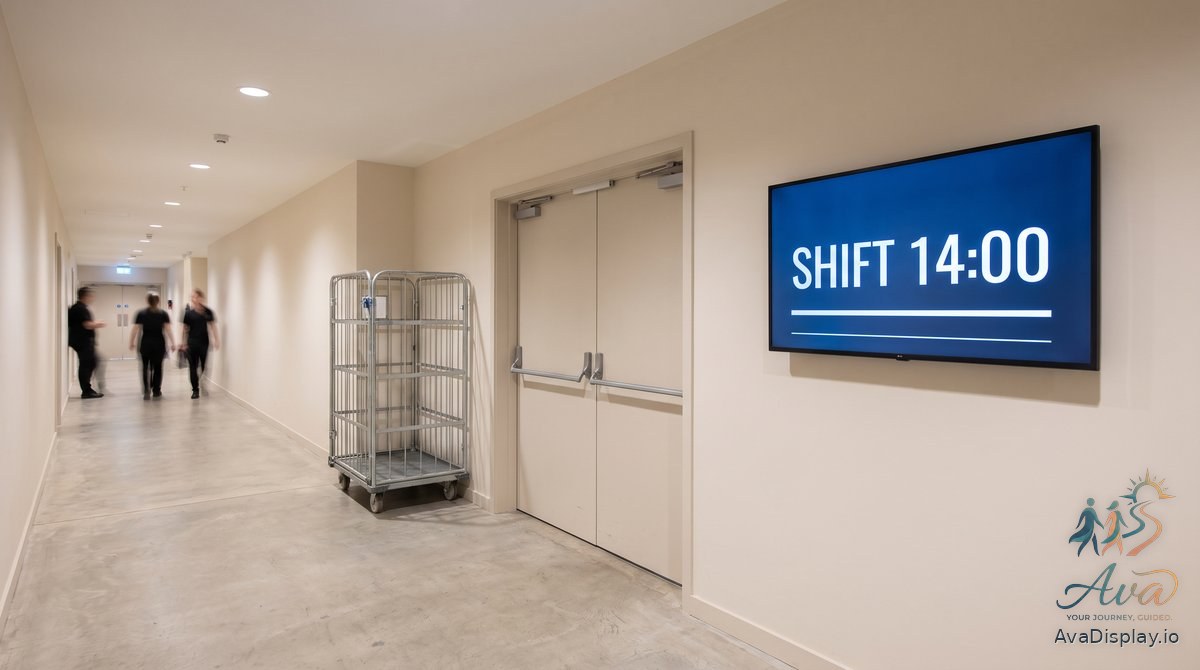 A screen in a hotel service corridor showing shift information