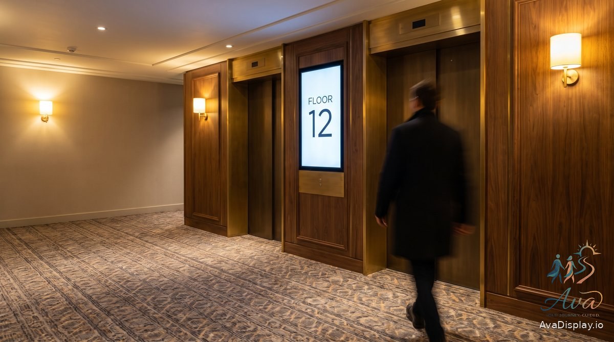A lit portrait screen between hotel lift doors showing a floor directory