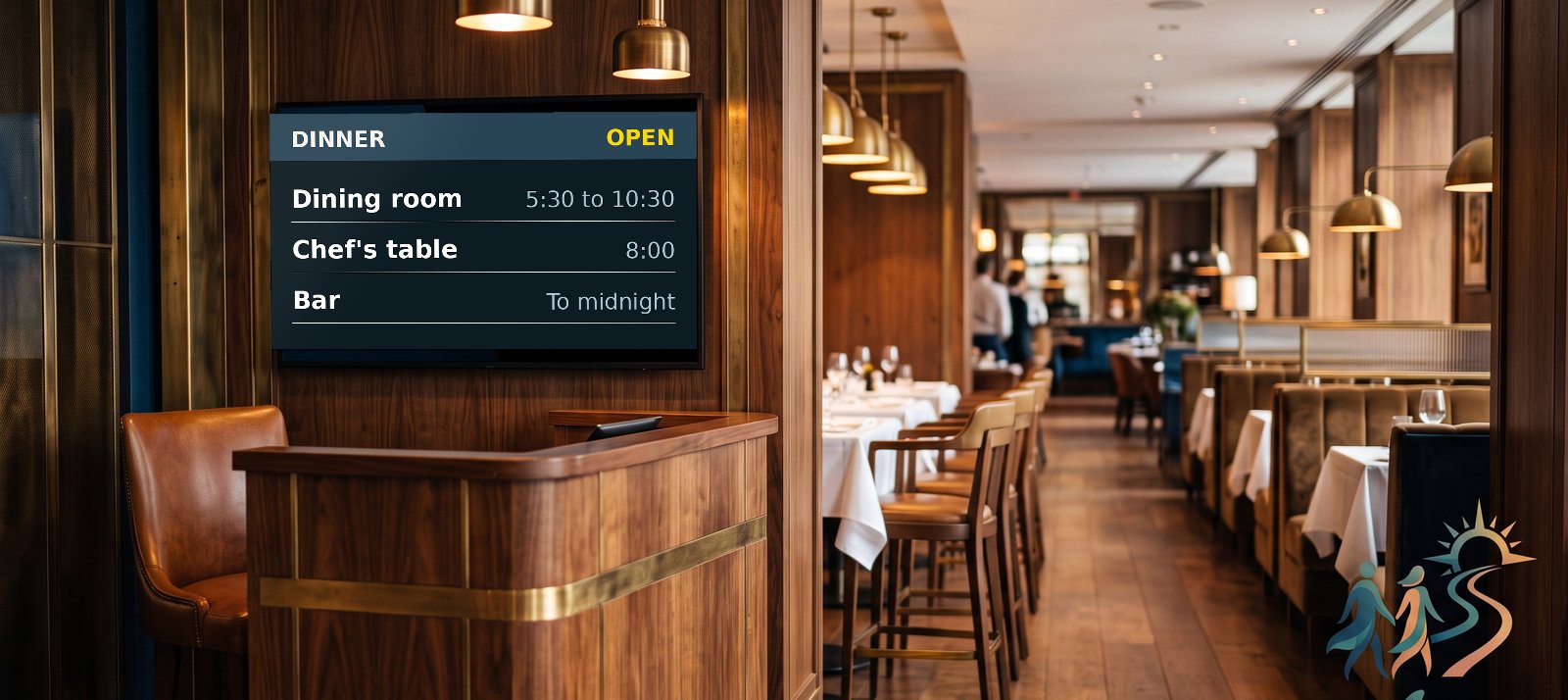 A screen above a restaurant host stand showing dinner service times