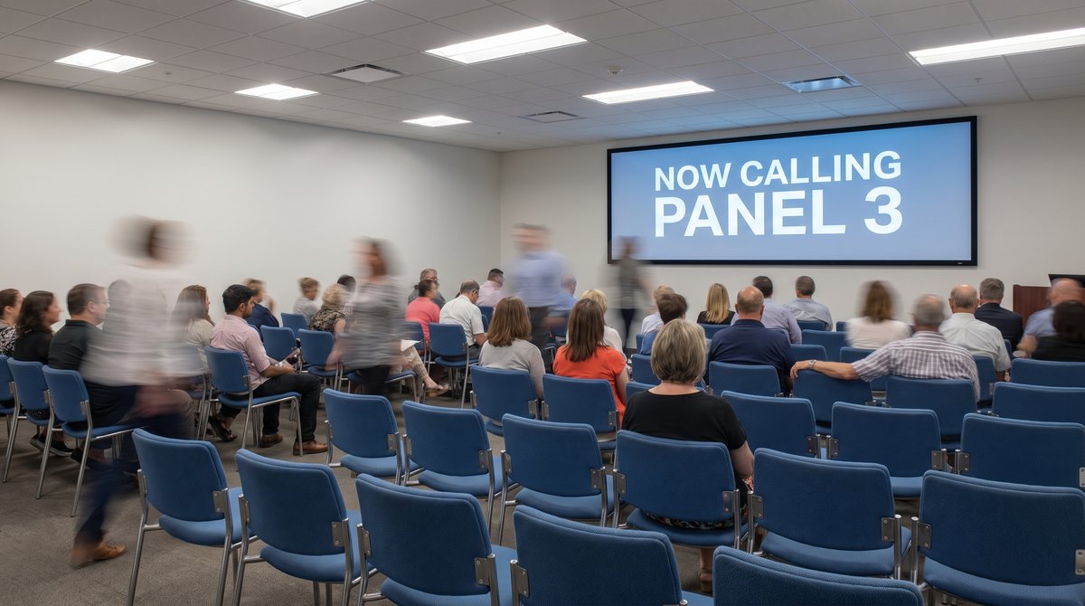 A lit screen in a jury assembly room showing which panel is being called