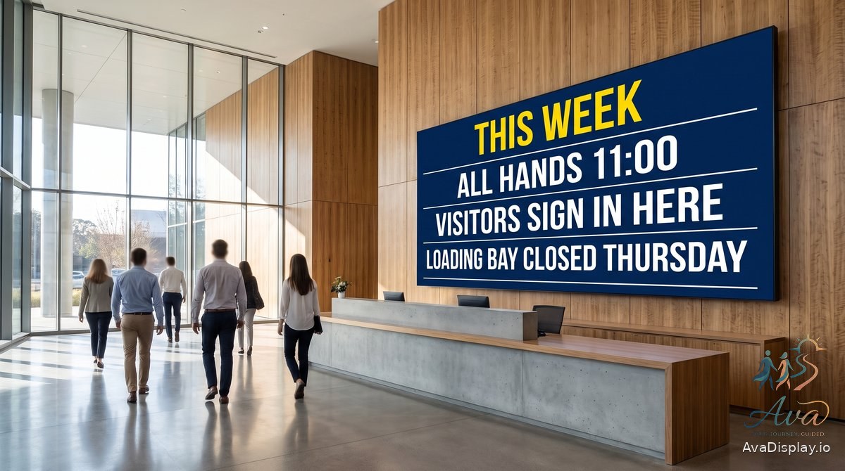 A large screen behind a corporate reception desk showing the week's notices