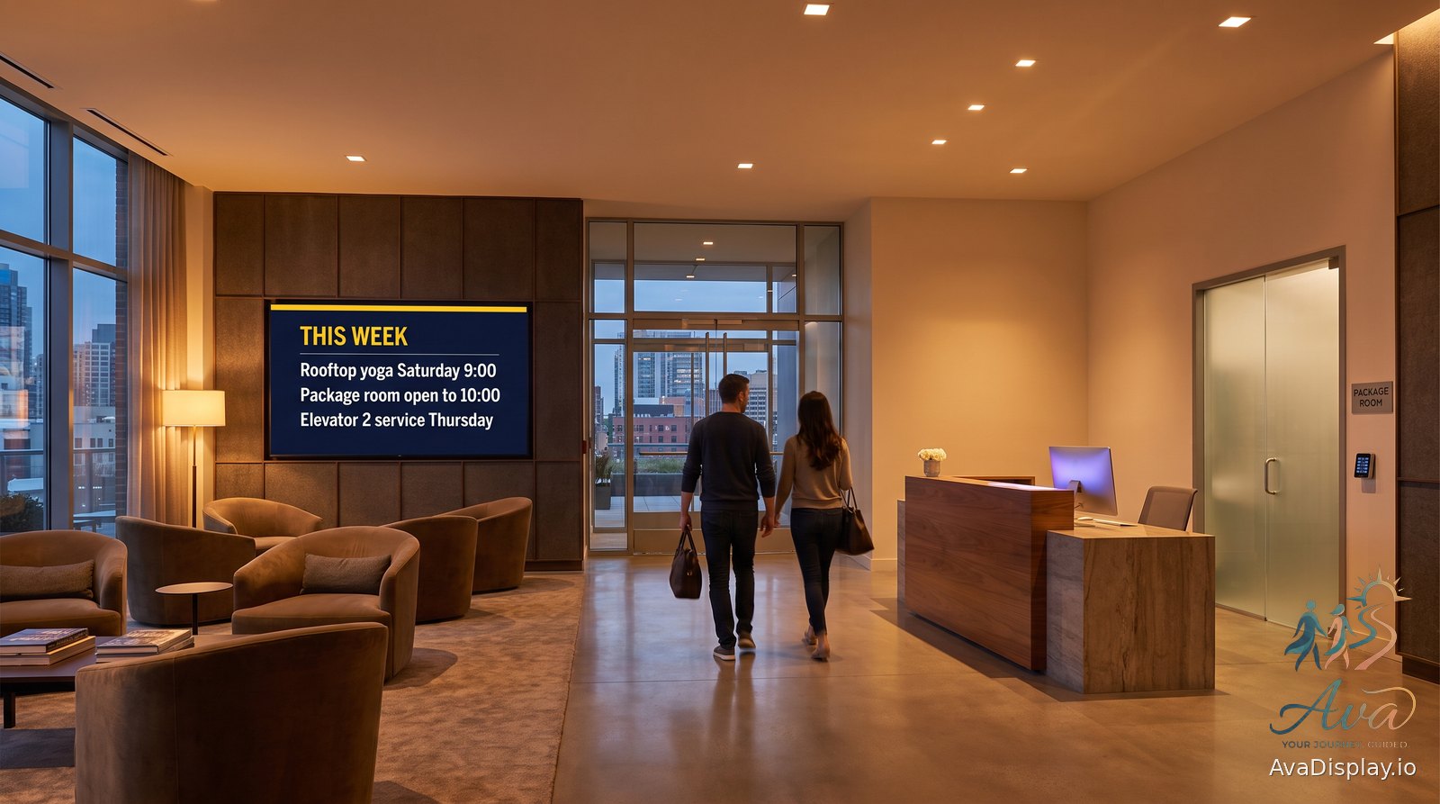 A screen in a residential building lobby showing amenity hours and a package room notice