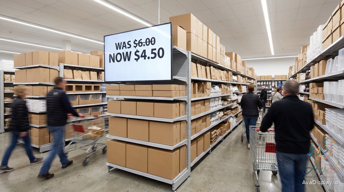 A lit screen on the end of a store aisle showing a price change