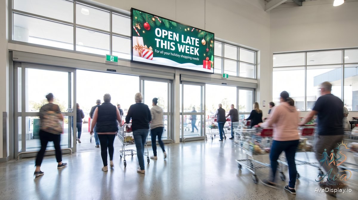 A lit screen above a store entrance showing a seasonal message