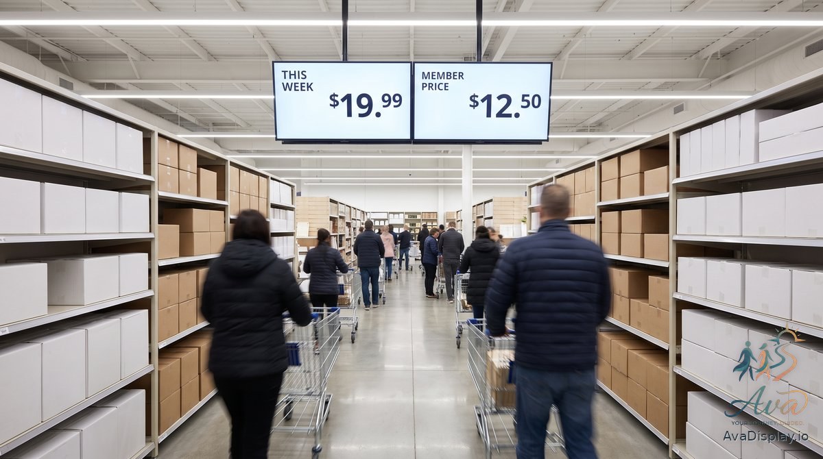 Two lit promotional screens above an aisle in a chain retail store