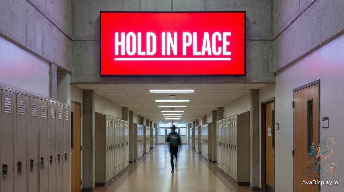 A screen in a school corridor showing an emergency hold in place notice