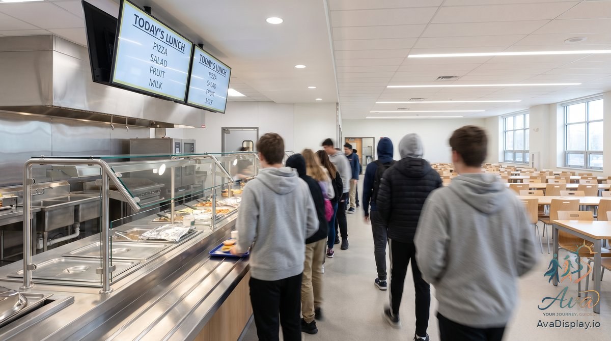 Two lit menu screens above a school cafeteria serving line
