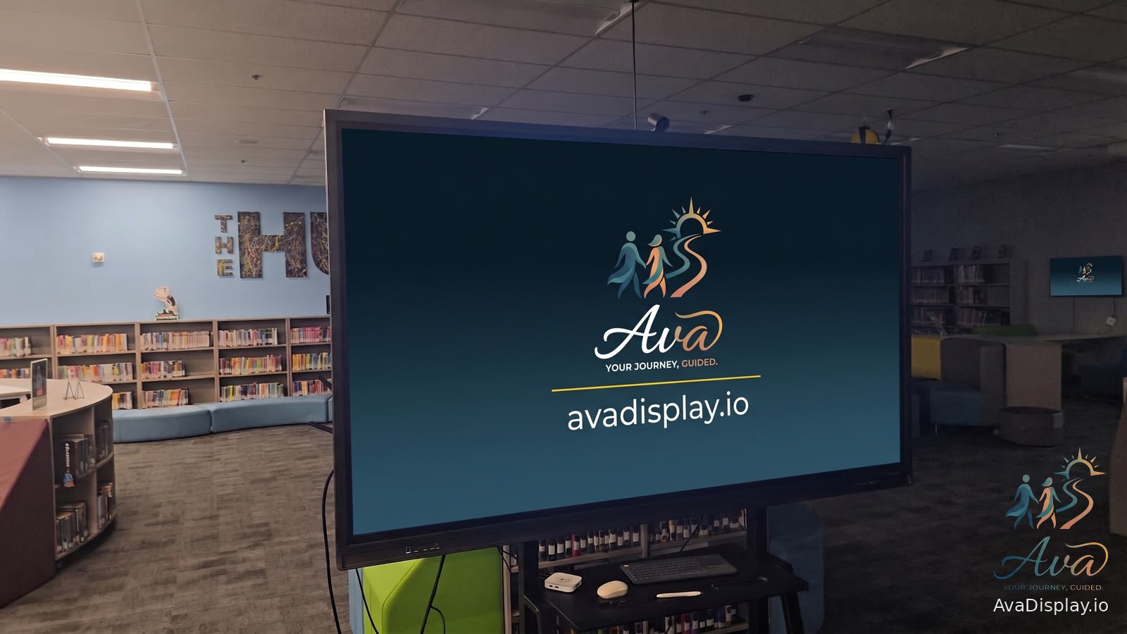 A large wall-mounted screen running in a school library