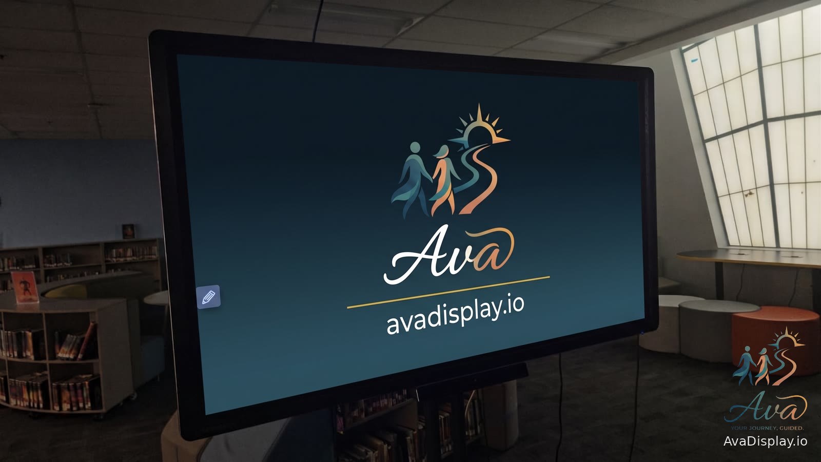 A wall-mounted screen in a daylit school commons area