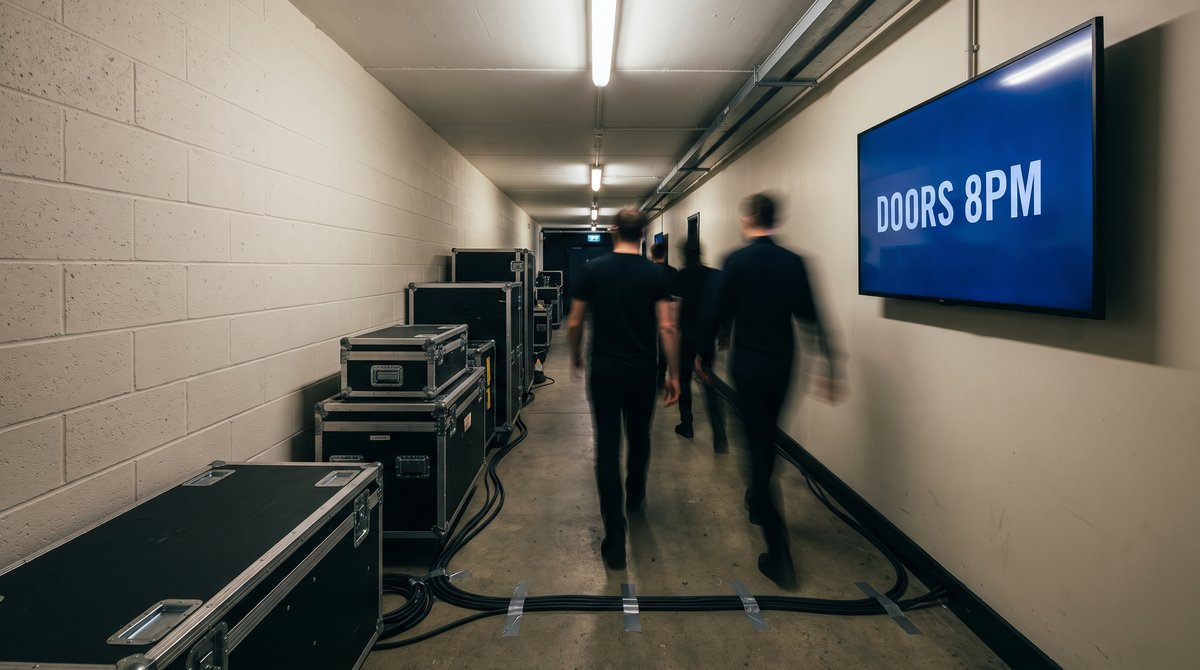 A lit screen in a backstage corridor showing call times