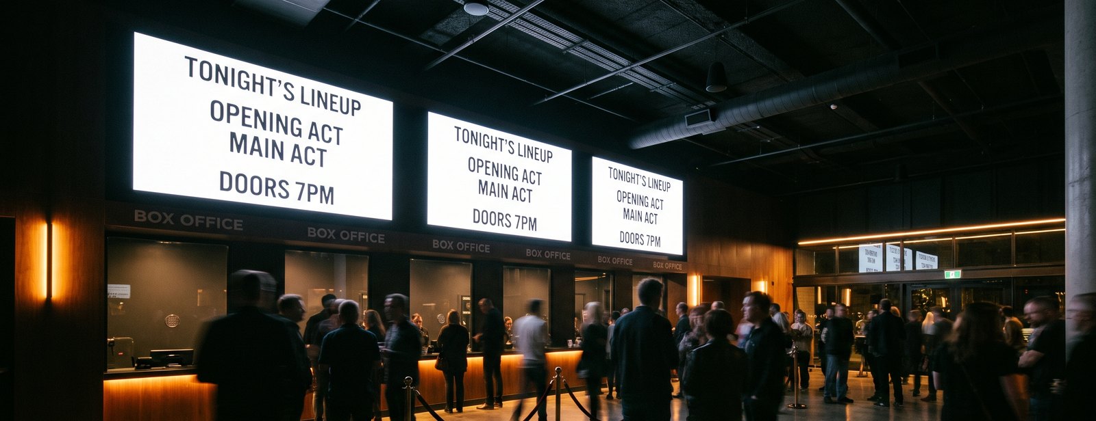 Three lit screens above the box office windows in a live venue foyer before doors