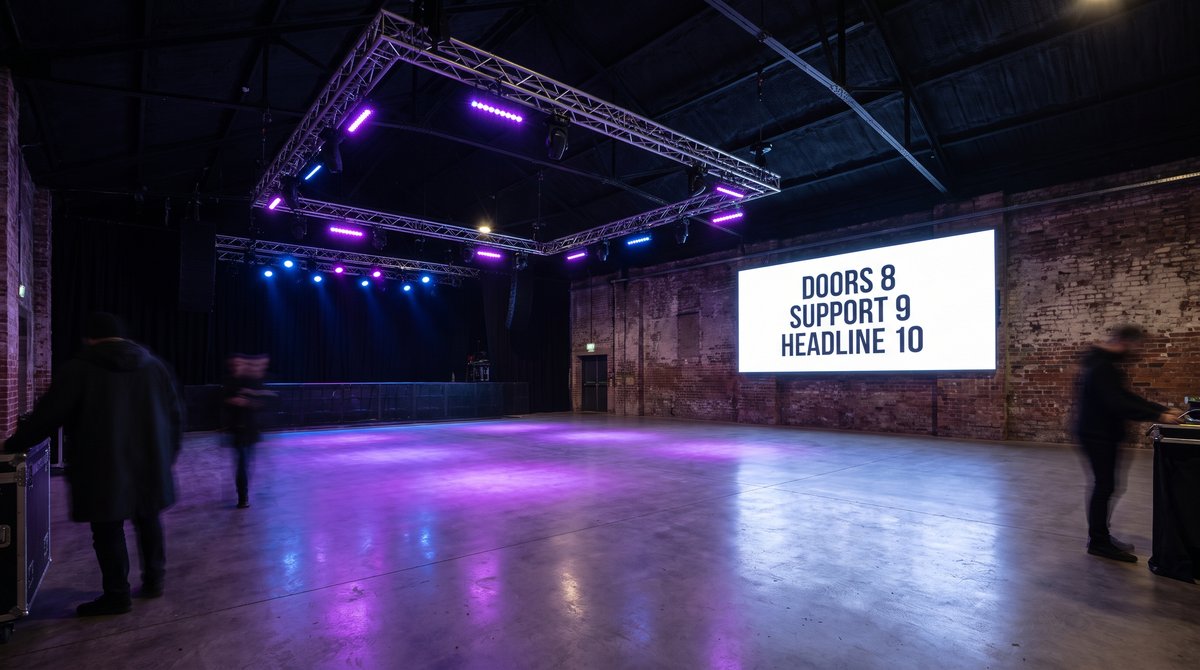 A screen in a venue main room showing the running order