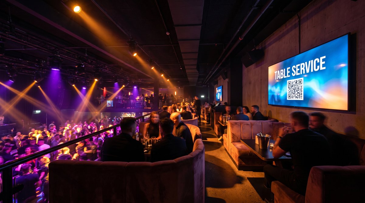 A screen beside VIP tables showing a table service offer with a QR code