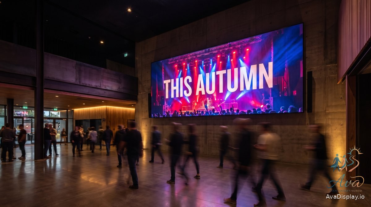 A large lit screen in a venue foyer showing a full-bleed video promotion for the coming season
