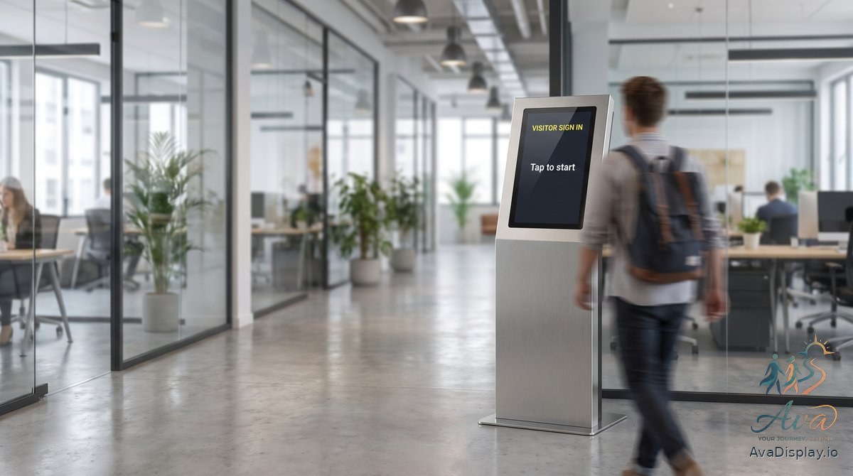 A self-service kiosk in a workplace showing a visitor sign in screen