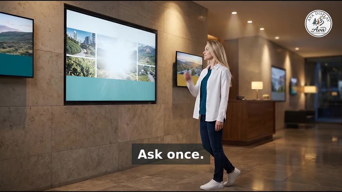 Ava in a building lobby as a screen lights up behind her
