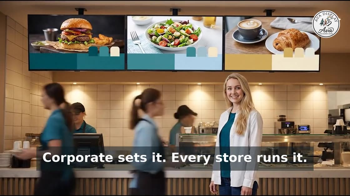 Ava at a service counter as three menu boards switch as one