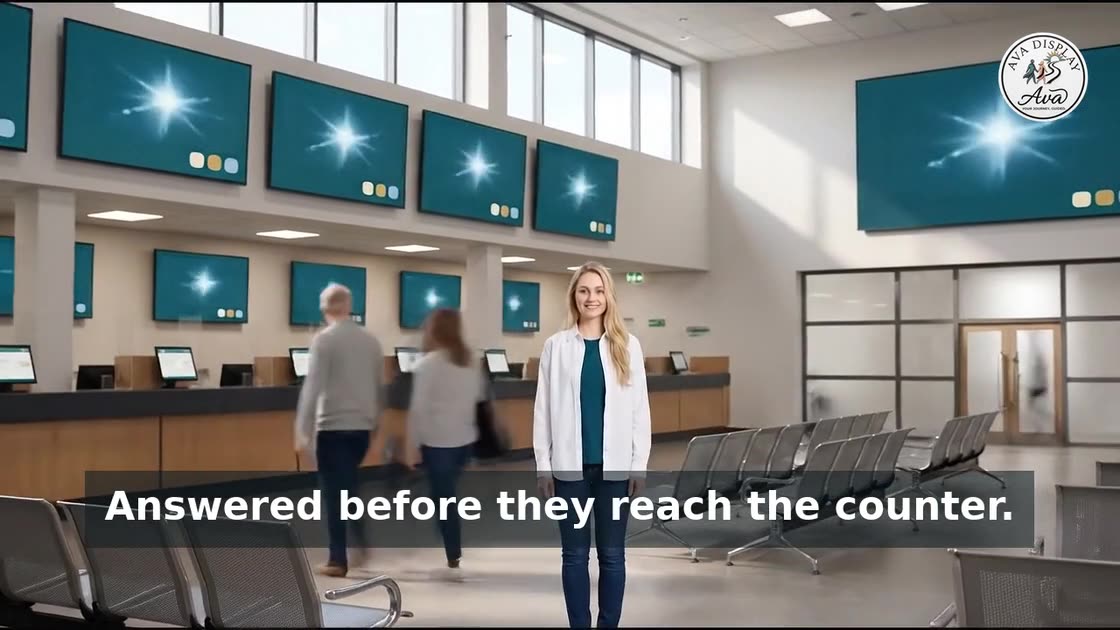 Ava in a public licensing hall as the counter screens brighten along the row