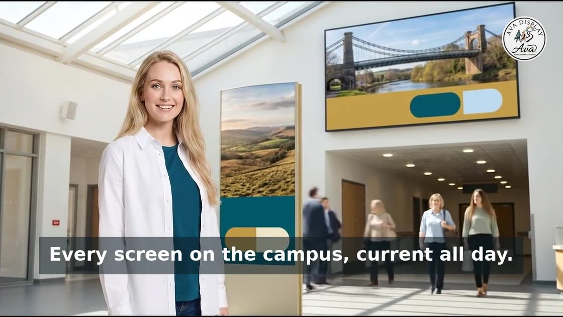 Ava in a hospital concourse as the wayfinding screens change together