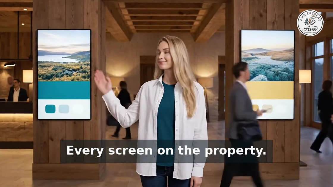 Ava in a hotel lobby as the boards across it change together