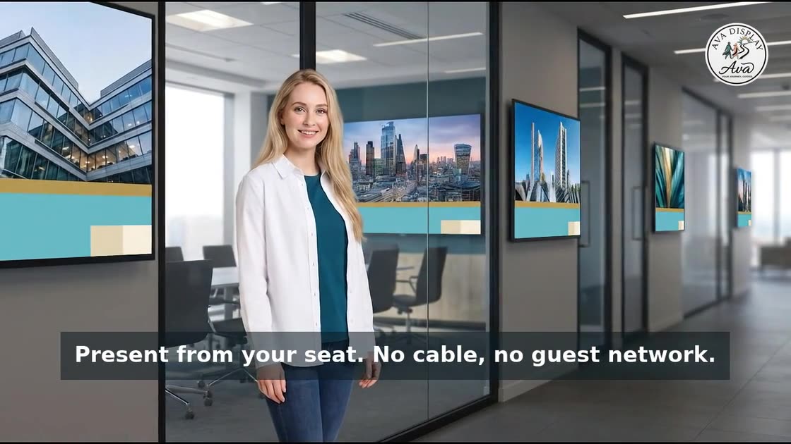 Ava outside a glass boardroom as the door-side screens and the room screen brighten in turn