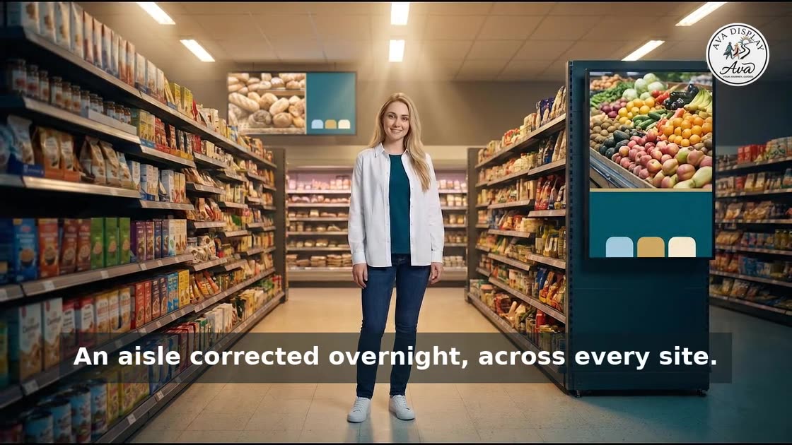 Ava in a closed store aisle as both screens change overnight