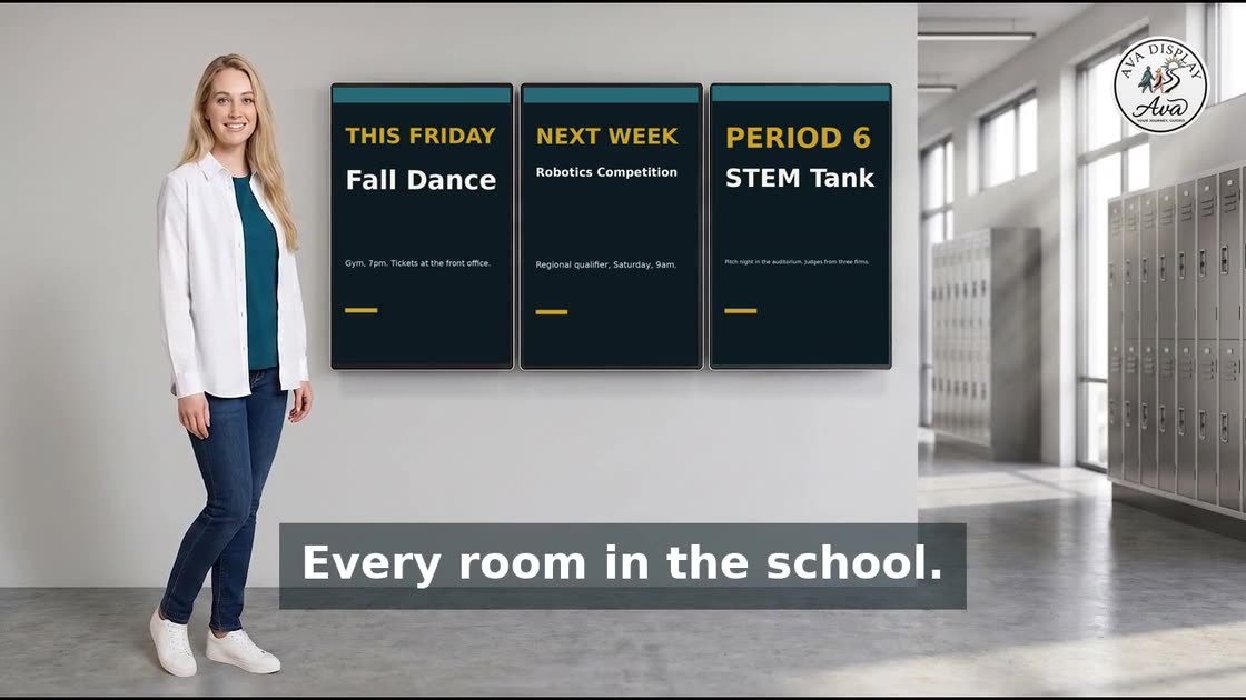 Ava in a school corridor as the screens along it come on in turn