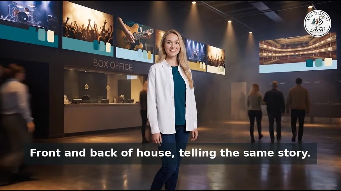 Ava in a venue foyer as the box office screens change together